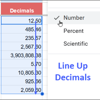 Line up decimal points in Google Sheets