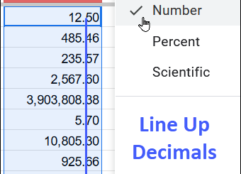 Line up decimal points in Google Sheets