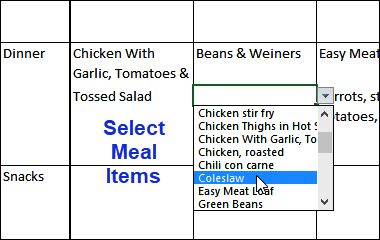 Excel meal planner with shopping list